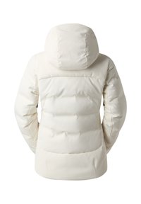 Biała kurtka puchowa z kapturem, wyróżniająca się pikowanym wzorem, gładką teksturą oraz detalem logo na górnej części pleców.
