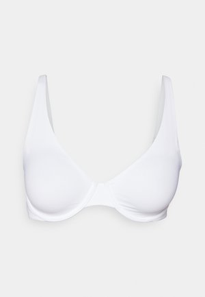 White bra with smooth, molded cups, wide straps, and a seamless design. Made from stretchy fabric for comfort and support.