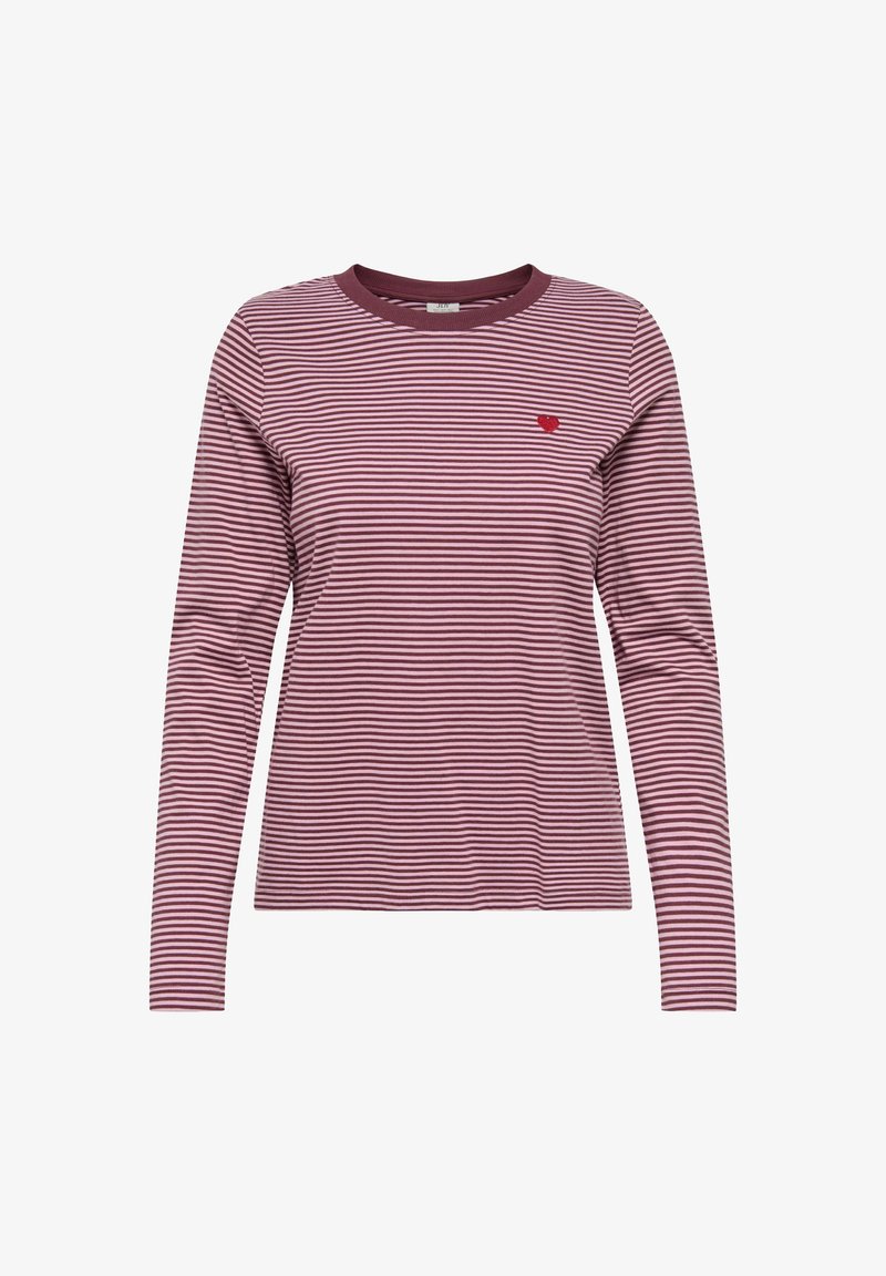 Bordeauxrode shirt met lange mouwen met witte horizontale strepen, voorzien van een klein rood hartlogo op de borst, gemaakt van katoenen stof.