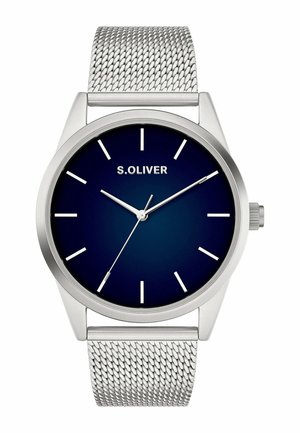 Armbanduhr mit silbernem Mesh-Armband, blauem Zifferblatt, minimalistischen weißen Stundenmarkierungen, drei silbernen Zeigern und dem „S. OLIVER“-Logo unterhalb von 12 Uhr.