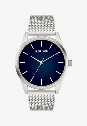 Armbanduhr mit silbernem Mesh-Armband, blauem Zifferblatt, minimalistischen weißen Stundenmarkierungen, drei silbernen Zeigern und dem „S. OLIVER“-Logo unterhalb von 12 Uhr.