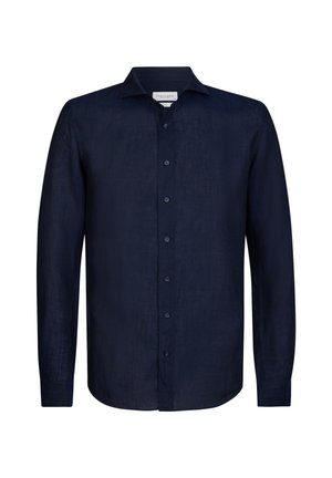 Mørkeblå langærmet skjorte i hør med spids krave, seks frontknapper og en afslappet pasform. Tekstureret stof med en subtil glans.