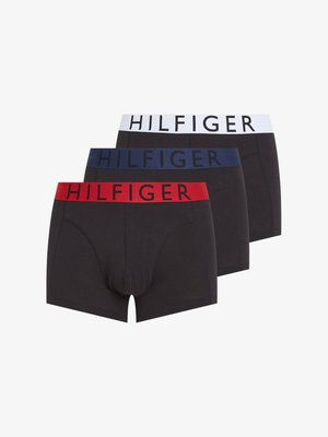 Three pairs of black boxer briefs with elastic waistbands in red, blue, and white, featuring the "HILFIGER" logo prominently displayed.