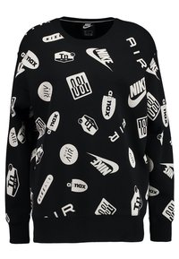 Svart sweatshirt med en blandning av Nike-loggor och text i vitt, med en klassisk rund hals och ribbade muddar och nederkant.