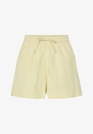 Dzeltenas svītrainas šortus ar elastīgu jostu un auklu. Iespējojās brīva griezuma un sānu sliti apakšmalā. Viegls audums.