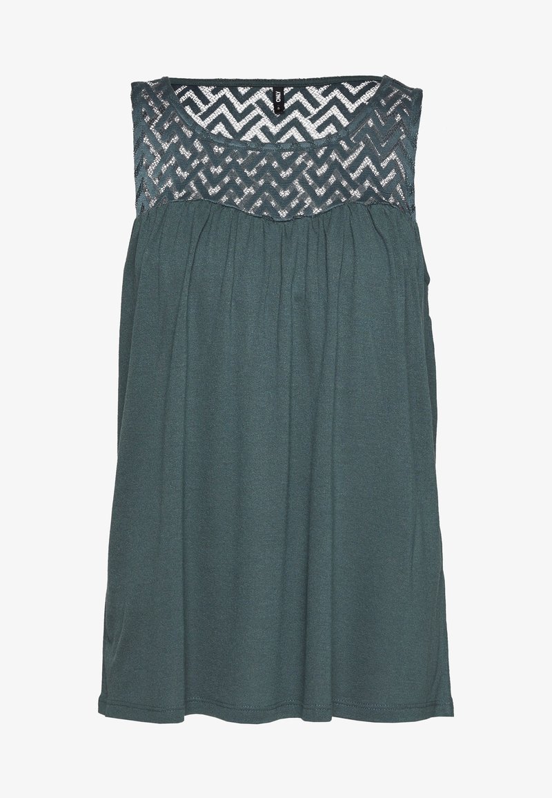 Haut sans manches en tissu bleu sarcelle foncé. Présente un panneau en dentelle texturée et à motif à l'empiècement. Des fronces sous l'empiècement créent une forme décontractée.