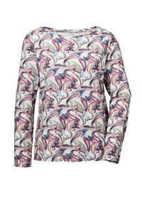 Langärmliges Shirt mit einem mehrfarbigen Blumenmuster und Wirbeln in verschiedenen Rosa-, Lila- und Grüntönen auf einem hellen Hintergrund. Weicher Stoff.