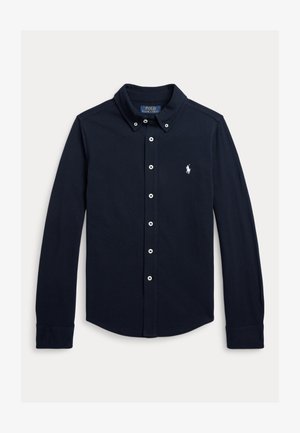 Marineblaues Hemd mit langen Ärmeln, Knopfleiste, geknöpftem Kragen und kleinem weißen Polo Ralph Lauren-Logo auf der linken Brust.