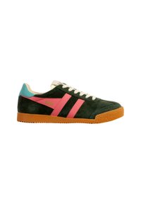 Low-top dark green suede sneaker with pink side stripes, light blue heel tab, white laces, and textured gum rubber sole.