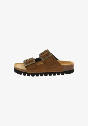 Sandalo marrone con due cinturini regolabili con fibbia, suola nera texturizzata e intersuola in sughero, progettato per un uso casual.