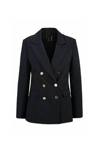 Doppelreiher blazer in marineblau mit weißen Nadelstreifen, silbernen Knöpfen, großen Revers und zwei Fronttaschen. Glatte Textur. Formelles Design.