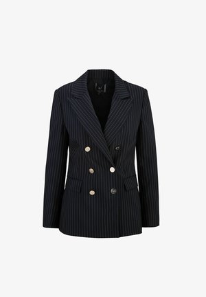 Double-breasted navy blazer with white pinstripes, silver buttons, large lapels, and two front pockets. Smooth texture. Formal design.