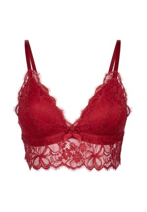Rode kanten beha met een driehoekige cups, verfijnde bloemenpatronen, verstelbare bandjes en een gerafelde kanten zoom. Satijnen strikdetail in het midden.