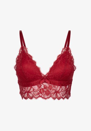 Rode kanten beha met een driehoekige cups, verfijnde bloemenpatronen, verstelbare bandjes en een gerafelde kanten zoom. Satijnen strikdetail in het midden.