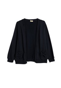 Cardigan nero realizzato in tessuto morbido, con maniche lunghe, apertura frontale e due tasche anteriori decorate con fiocchi.