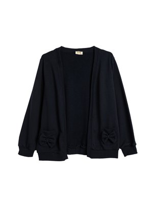 Cardigan nero realizzato in tessuto morbido, con maniche lunghe, apertura frontale e due tasche anteriori decorate con fiocchi.