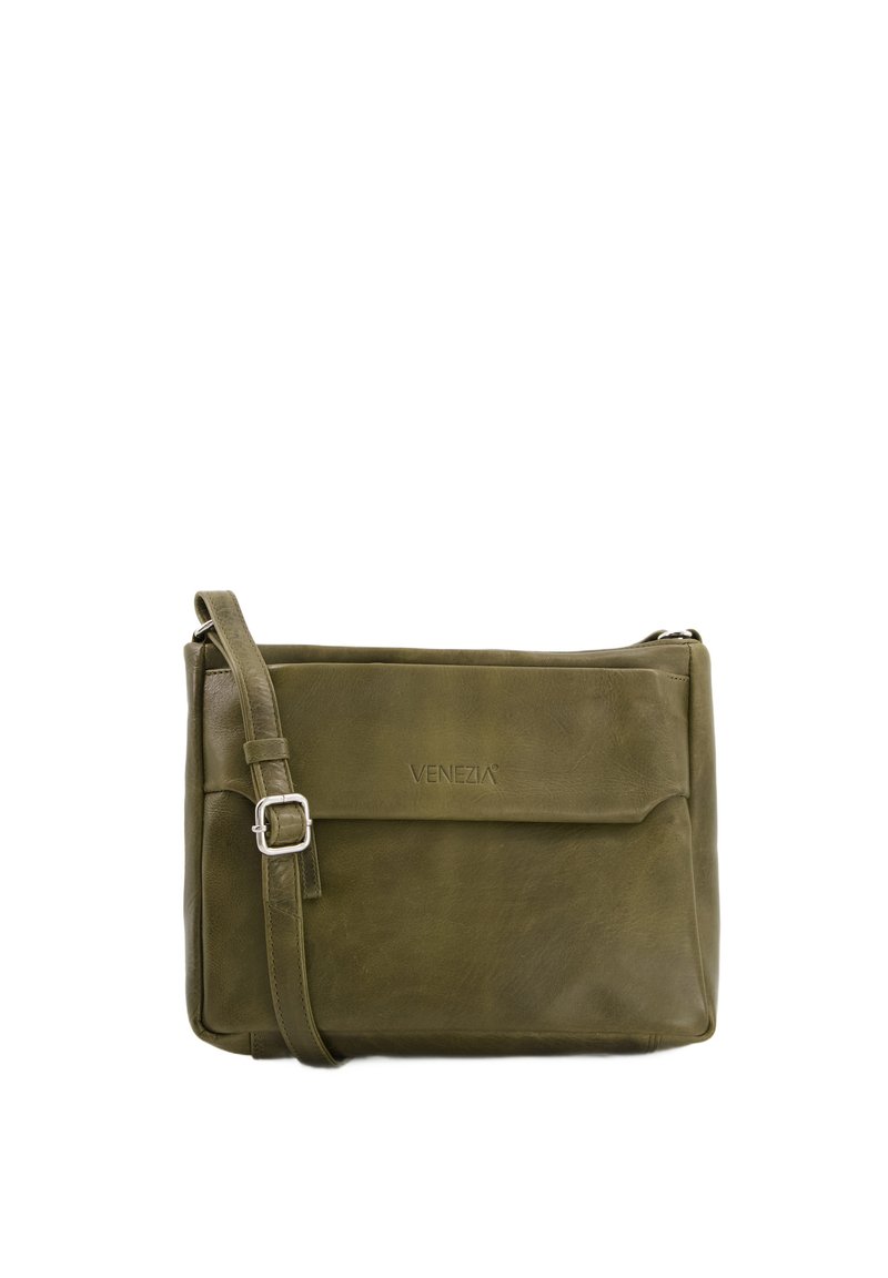 Olive green leather crossbody bag with a zip closure, adjustable strap, and embossed logo. Smooth texture with a minimalist design.