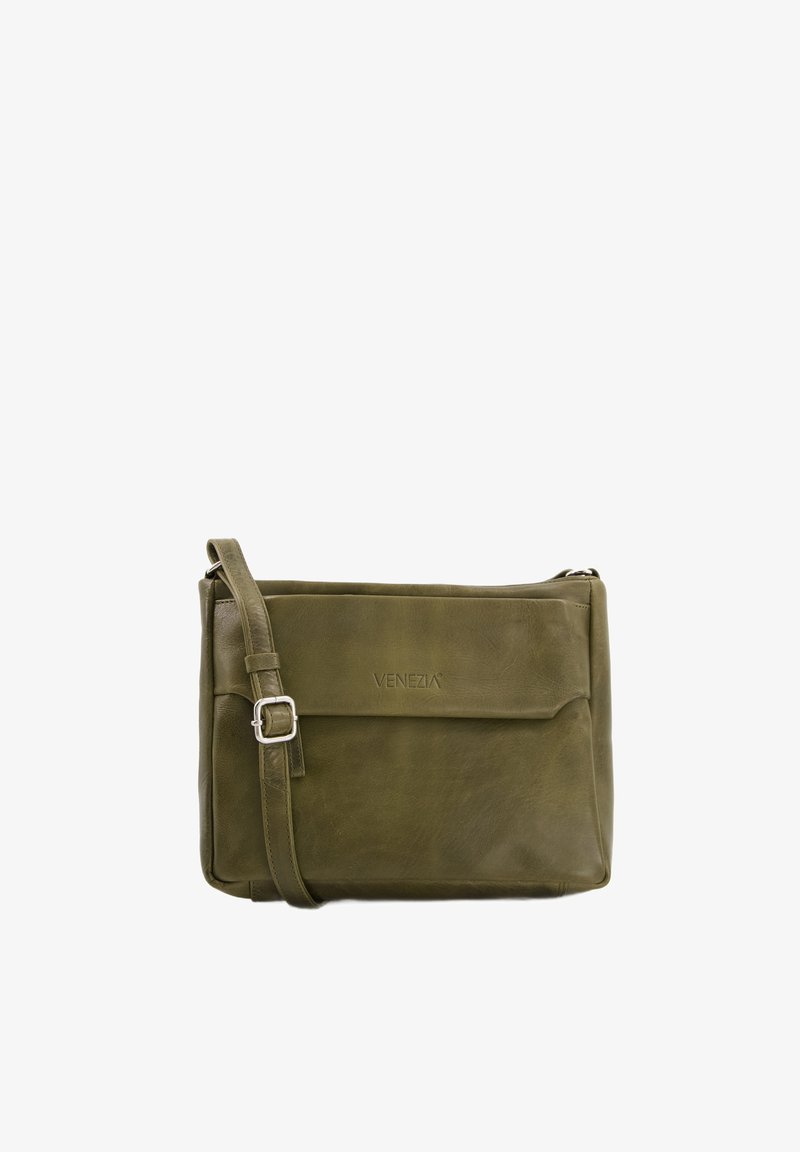 Olive green leather crossbody bag with a zip closure, adjustable strap, and embossed logo. Smooth texture with a minimalist design.