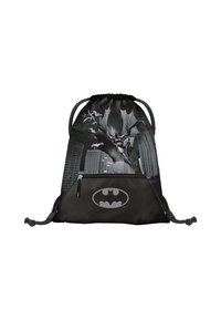 Der Kordelzug-Rucksack verfügt über ein schwarz-graues Farbschema, mit einem Batman-Motiv und einer Reißverschlusstasche. Ikonisches Fledermaus-Logo auf der Vorderseite.