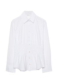 Camicia bianca a maniche lunghe con colletto a punta e dettaglio elastico arricciato in vita.