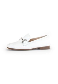 White leather loafers with a rounded toe, featuring a small silver buckle accent and a low brown heel. Smooth texture and minimal stitching.