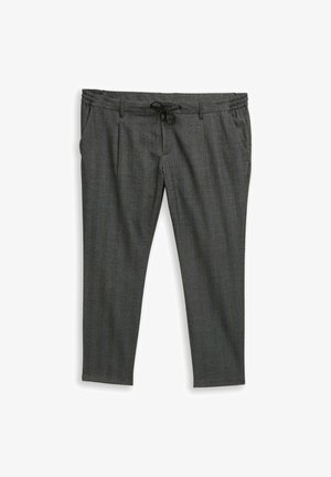 Grijze, geweven broek met een tailleband met trekkoord, zijzakken en een taps toelopende pasvorm. De stof heeft een subtiel patroon, wat zorgt voor een gestructureerde uitstraling.