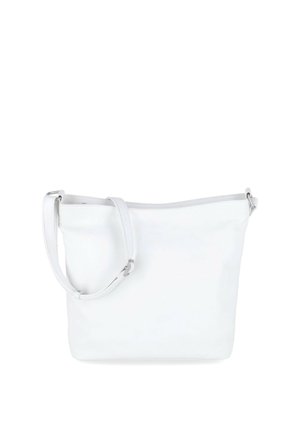 Weiße Leder-Schultertasche mit verstellbarem Riemen und Reißverschluss oben, schlichtes glattes Äußeres, mittlere Größe.