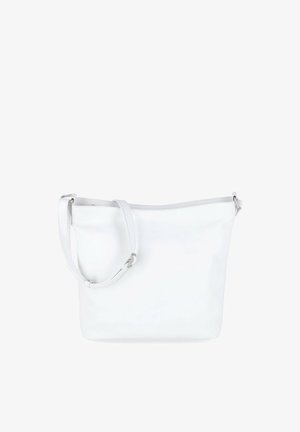 Witte leren schoudertas met verstelbare band en ritssluiting bovenaan, effen glad oppervlak, middelgroot.