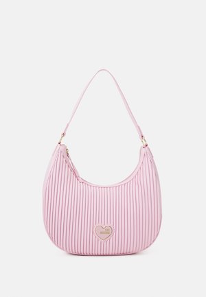 Light pink pleated shoulder bag with a heart-shaped gold emblem reading "Love Moschino" on front center.