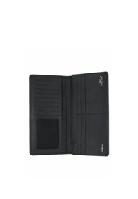 Portefeuille pliable en cuir noir ouvert montrant plusieurs emplacements pour cartes, une fenêtre d'identité et un compartiment pour billets. Étiquette de sécurité RFID visible.