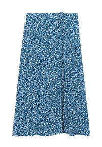 Sininen kukkamekko, jossa on kietaisusuunnittelu, kevyt kangas ja pieniä valkoisia kukkakuoseja. Ihanteellinen arkiseen käyttöön.