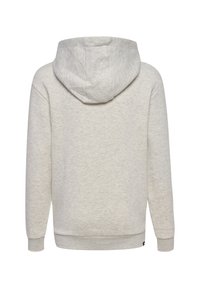 Helle graue Kapuzenjacke aus weichem Baumwollgemisch. Verfügt über eine geräumige Kapuze, lange Ärmel sowie gerippte Bündchen und Saum. Einfacher, strukturierter Stoff.
