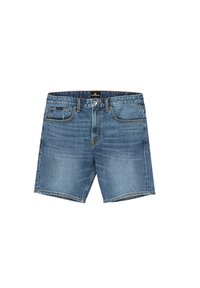 Pantalones cortos de mezclilla en azul claro con un corte clásico. Presenta cinco bolsillos, presillas para el cinturón y costuras en naranja a lo largo de las costuras.
