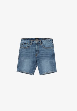 Denim shorts in light blue with a classic cut. Features five pockets, belt loops, and orange stitching along the seams.