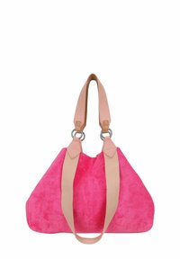 Sac à main en daim rose avec une forme décontractée, doté de poignées en cuir rose clair et d'accents en métal argenté. Texture lisse et design minimaliste.