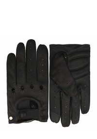 Guantes de cuero negro con un diseño perforado, cinco dedos, muñeca elástica y costuras decorativas para un aspecto refinado.