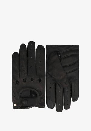 Zwarte leren handschoenen met geperforeerd ontwerp, vijf vingers, elastische pols en accentstiksel voor een verfijnde uitstraling.