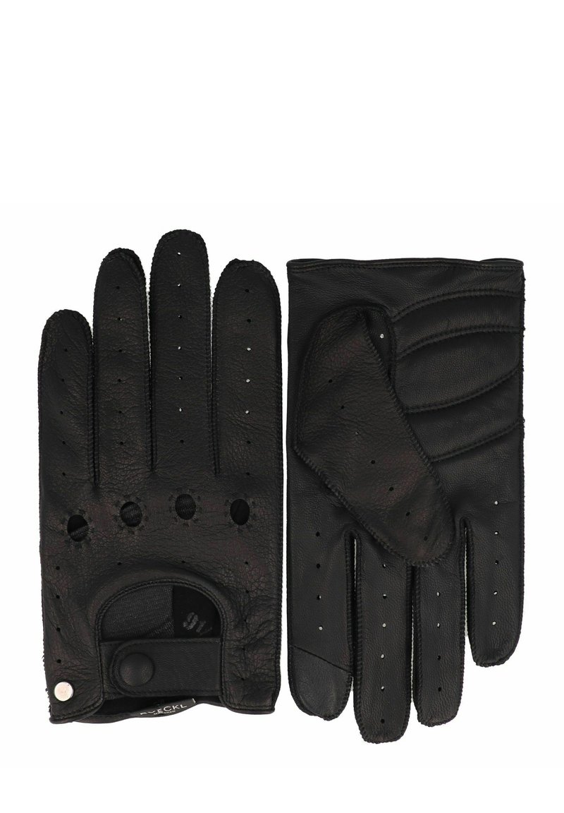 Guantes de cuero negro con un diseño perforado, cinco dedos, muñeca elástica y costuras decorativas para un aspecto refinado.