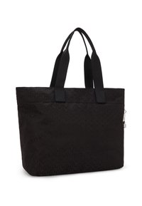 Black tote bag with dual handles, subtle textured pattern, and a small silver zipper pull on the side against a white background.