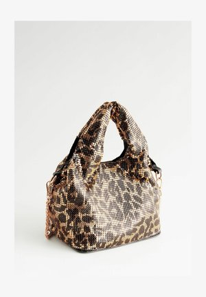 Metalliseeritud leopardimustriga käekott, millel on tekstureeritud sädelusvälistus, kaks käepidet ja must alus. Kompaktne disain, millel on ahelaktsent.