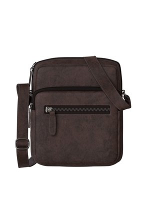 Dunkelbraune Leder-Umhängetasche mit verstellbarem Riemen, vorderer Reißverschlusstasche und schlanker rechteckiger Form.