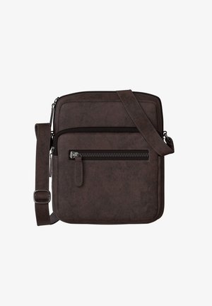 Dunkelbraune Leder-Umhängetasche mit verstellbarem Riemen, vorderer Reißverschlusstasche und schlanker rechteckiger Form.