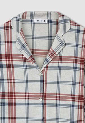 Camicia grigia chiaro con bottoni, con motivo a quadri rossi e blu e colletto a punta, taglia piccola, marca Terranova.