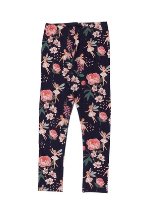 Navy blue leggings with pink flowers and small fairy illustrations, featuring wings and star accents, designed for children.