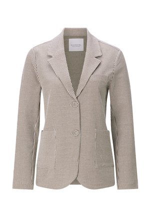 Bēšs un balts vertikāli svītrainu žakete ar iegriezuma atlokiem, divām pogām priekšpusē un ieliktnīša kabatām, apkakles iekšpusē ar RichRoyal etiķeti.
