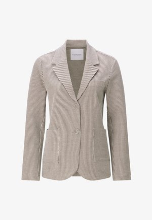 Beige en wit verticaal gestreepte blazer met notch-revers, twee knopen aan de voorkant en opgestikte zakken, met het label RichRoyal aan de binnenkant van de kraag.