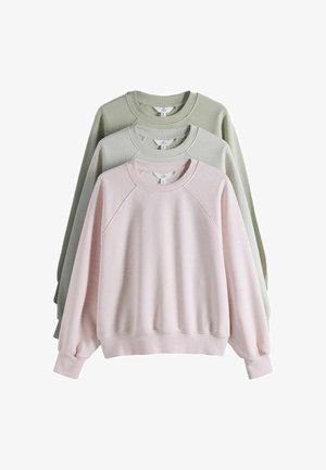 Drei langärmelige Crewneck-Sweatshirts in Pastellpink, Hellgrau und gedämpftem Grün, überlappend auf weißem Hintergrund angeordnet.