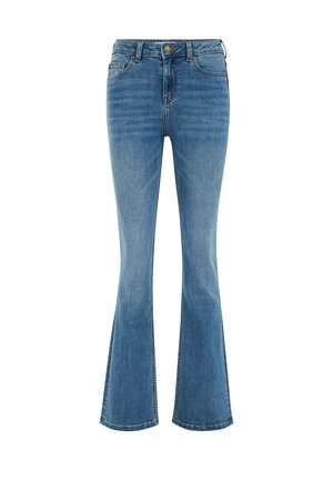 Light blue flared jeans made of denim, featuring a high waist, front pockets, a button closure, and subtle fading throughout the fabric.