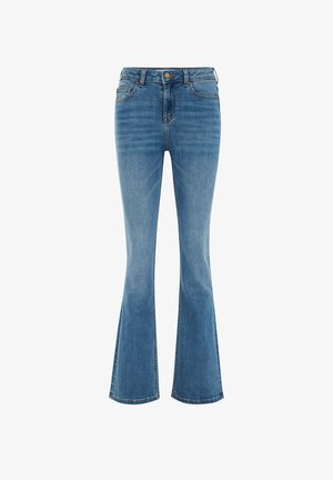 Light blue flared jeans made of denim, featuring a high waist, front pockets, a button closure, and subtle fading throughout the fabric.