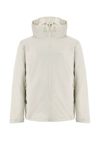 Vedenkestävä, vaaleanbeige takki, jossa on huppu, täyspitkä vetoketju ja vetoketjulliset sivutaskut. Sileä pinta ja säädettävät kiristysnauhat.